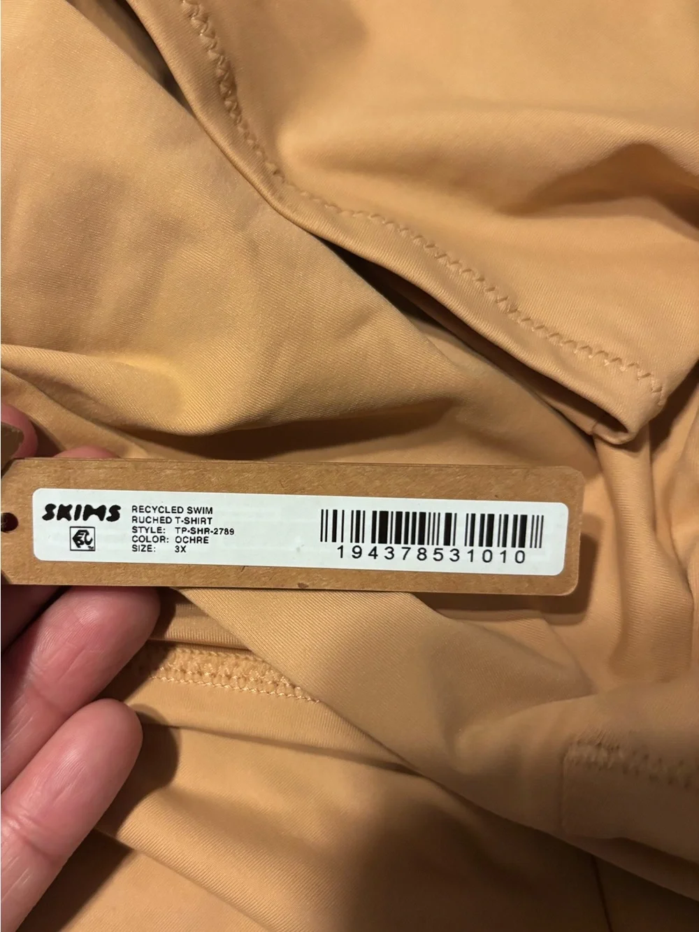 SKIMS SWIM RUCHED T-SHIRT and LOW RISE TIE BIKINI BOTTOM in Ochre